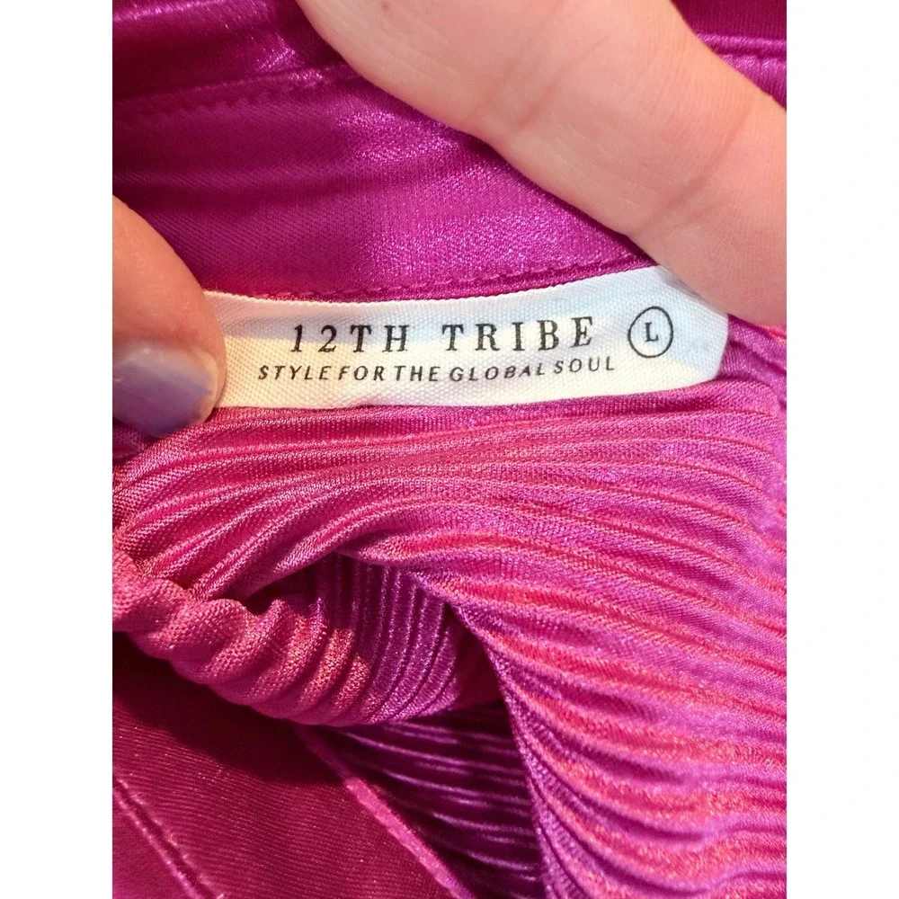 12th Tribe Magenta Pink‎ Plisse Pleated Shirt Dress Oversized Tunic L
